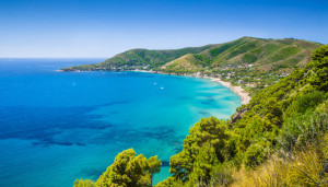 Panoramic view of beautiful coastal landscape at the Cilentan Coast, province of Salerno, Campania, southern Italy